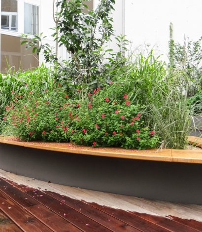 une terrasse bois sur les champs elysées composée de plantes mellifères apportant de la biodiversité en ville