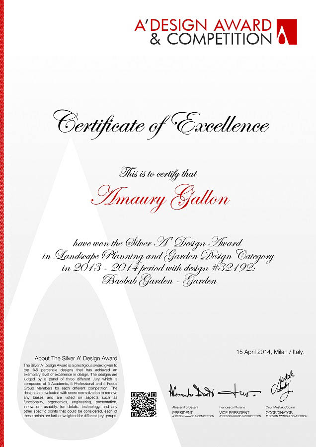 certificat d'excellence pour Amaury Gallon des Jardins de Babylone pour les A'Design Award
