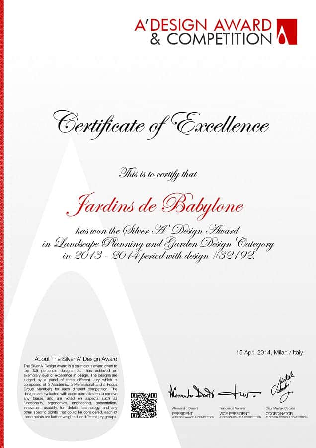 certificat des Jardins de Babylone pour les A'Design Award